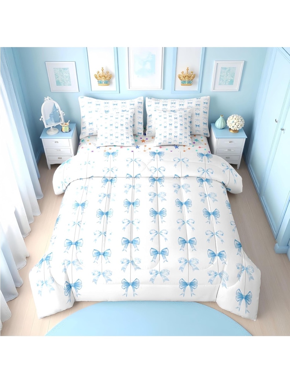 Cute Blue Bow Full Bedding Set 7 Piece for Girls